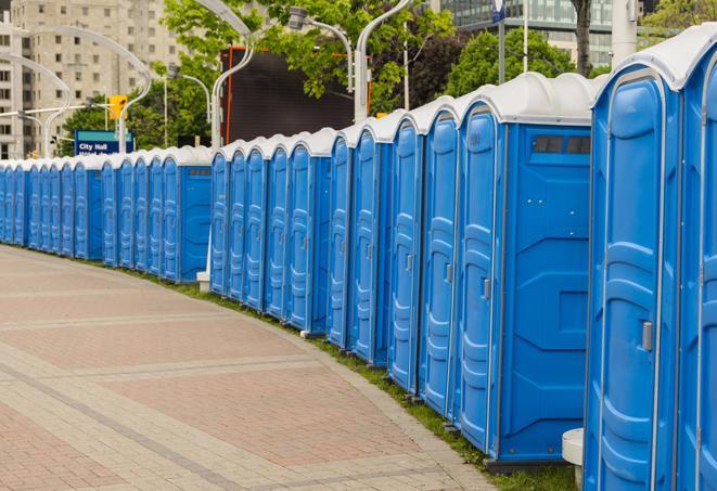 a fleet of portable restrooms ready for use at a large outdoor wedding or celebration in Brookline, NH